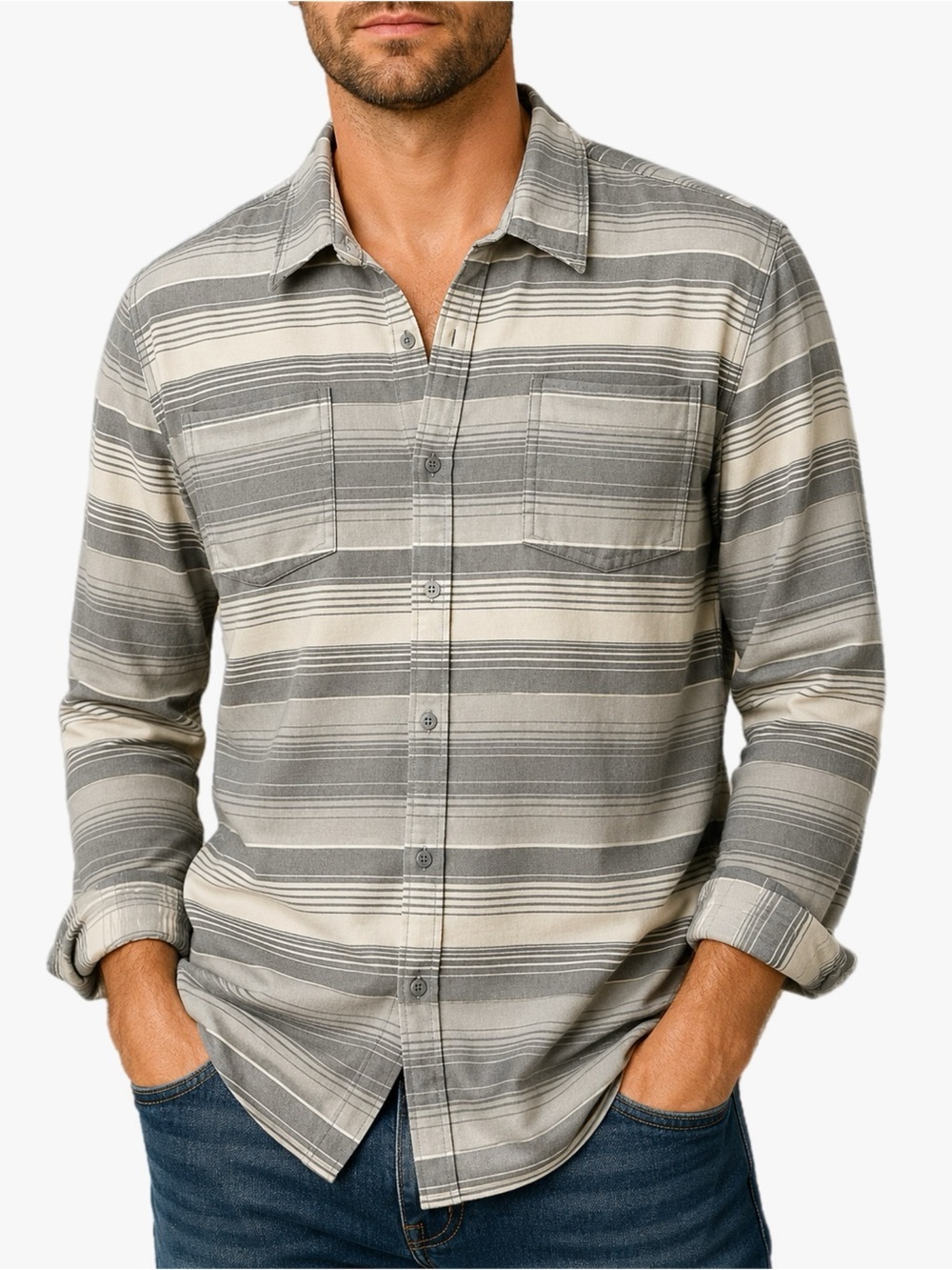 Ascend Big & Tall XXL Gray White Striped Button-Up Long Sleeve Pocket Shirt